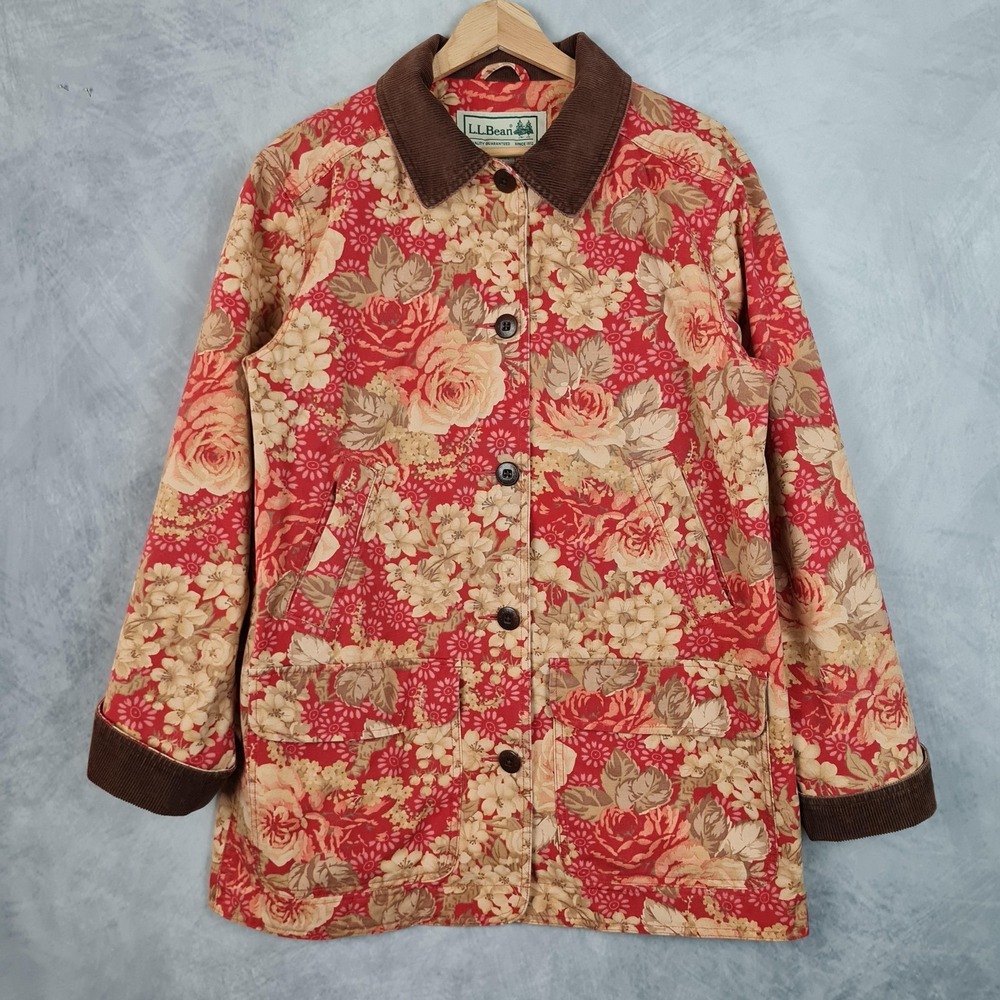 LL Bean Jacket Womens Medium Red Floral Canvas Corduroy Collar Lined Barn Coat